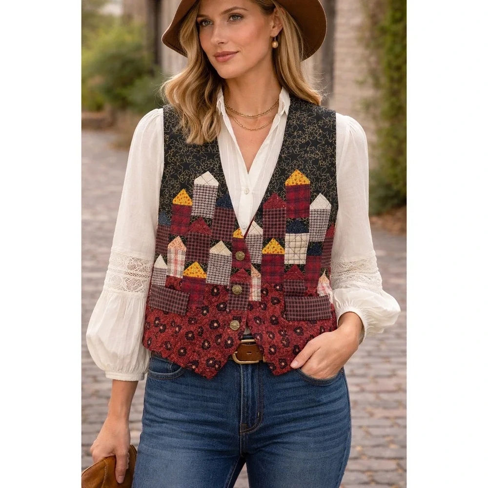 Handmade Vest‎ Quilted Patchwork Village  L/XL Burgundy Folk Art Cottagecore